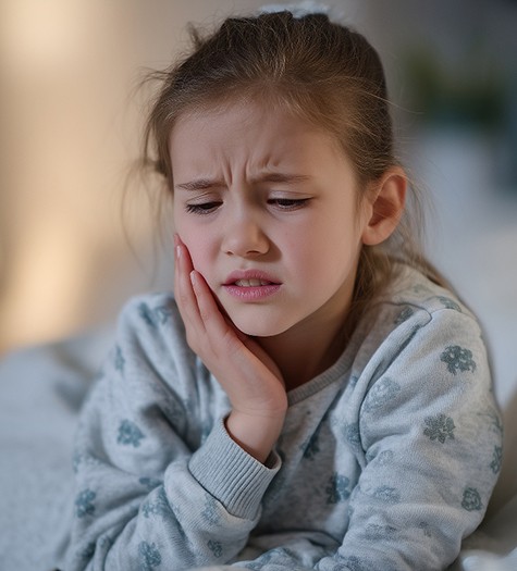 Little girl in bed and experiencing tooth pain