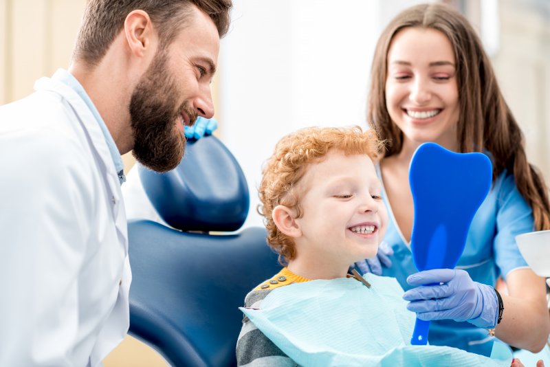 a dentist and dental hygienist showing a little boy his smile after a general checkup