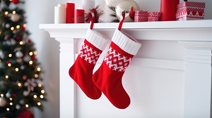 Two stockings hanging over the fireplace