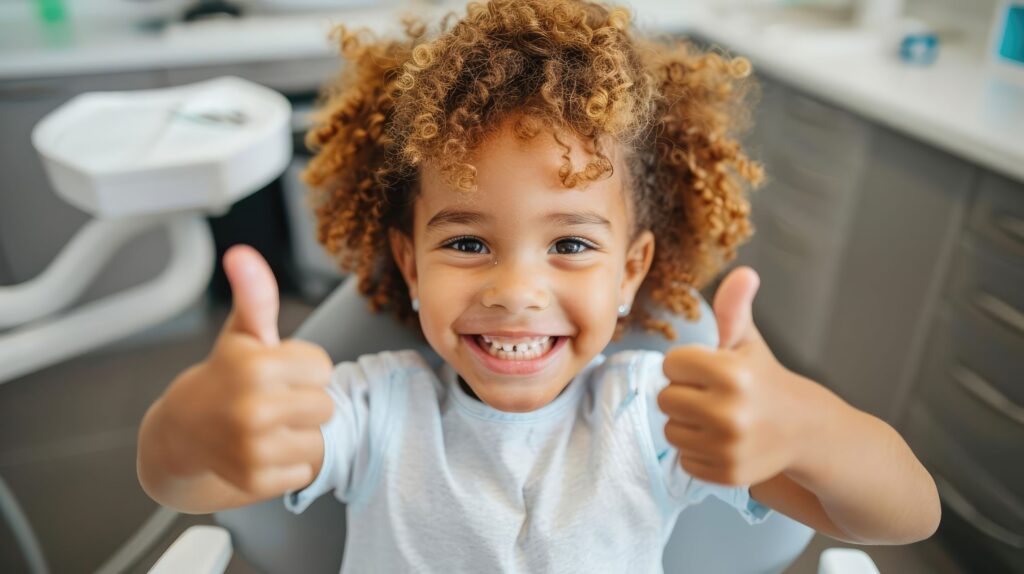 Kid in dental chair smiling and giving two thumbs up