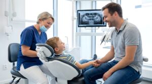 Young boy and dad smiling while dental X-rays are displayed